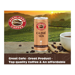 Highlands Coffee can close-up label showing bean blend and condensed milk benefit