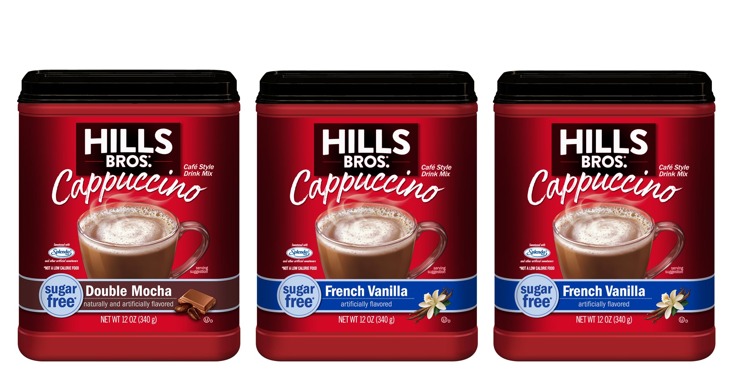 Hills Bros front packaging of sugar-free cappuccino mix shows flavor variety and convenience