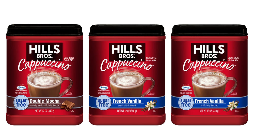 Hills Bros front packaging of sugar-free cappuccino mix shows flavor variety and convenience