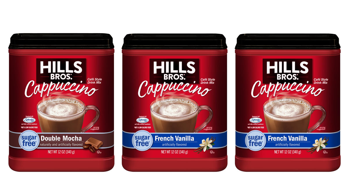 Hills Bros front packaging of sugar-free cappuccino mix shows flavor variety and convenience