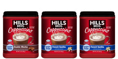 Hills Bros front packaging of sugar-free cappuccino mix shows flavor variety and convenience