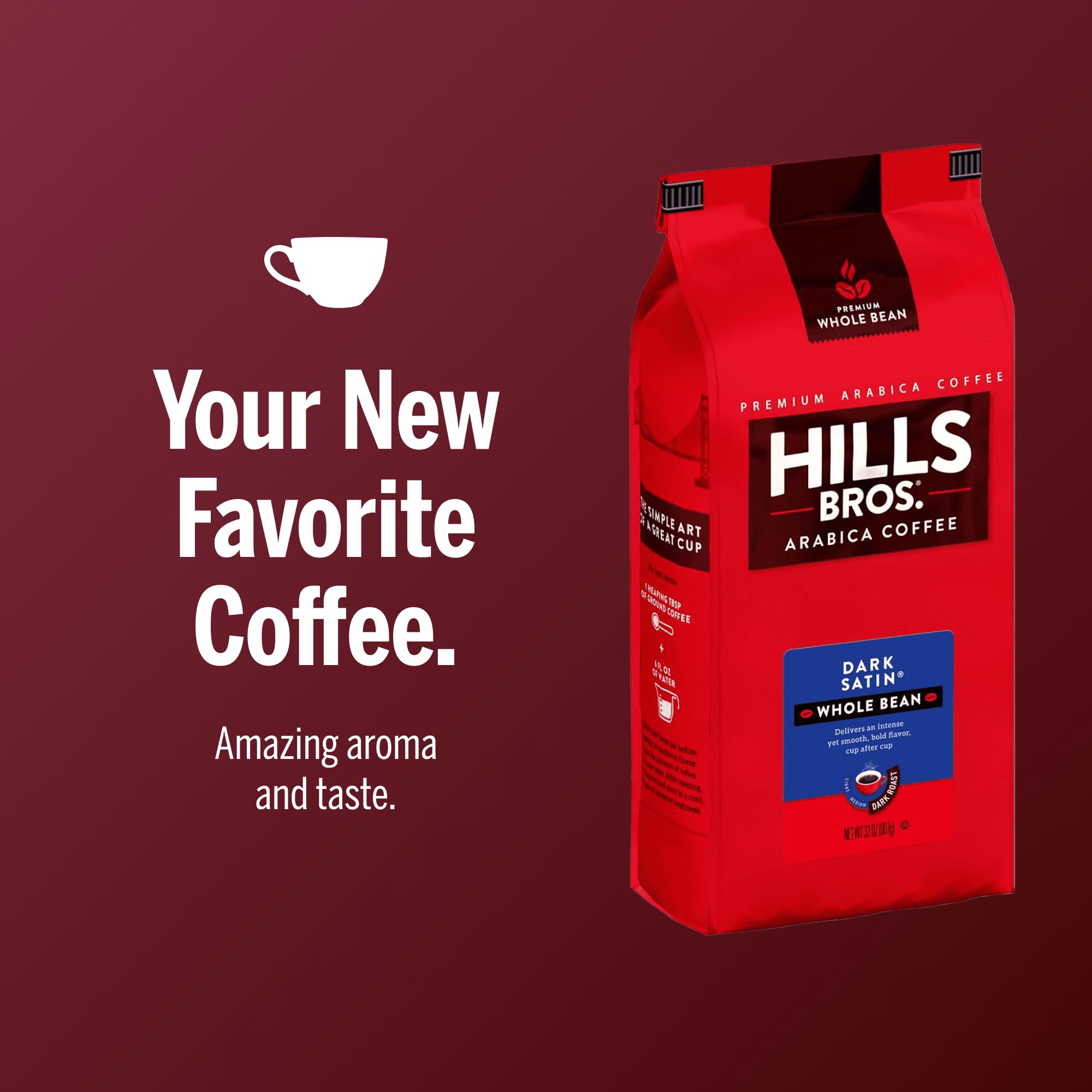 Hills Bros bag open while pouring beans emphasizing freshness retained