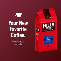 Hills Bros bag open while pouring beans emphasizing freshness retained