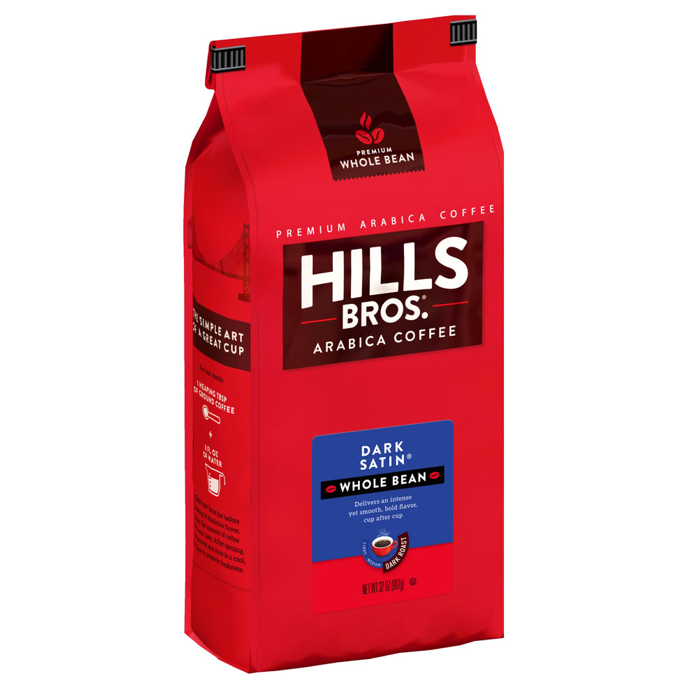 Hills Bros front packaging showing 32 oz bag and bold roast benefit