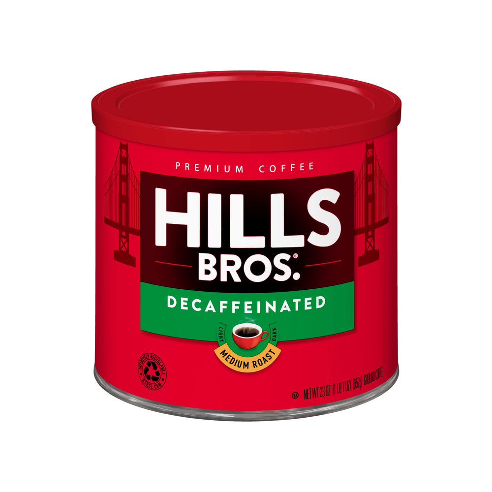 Hills Bros front can showing label and recyclable steel packaging benefit