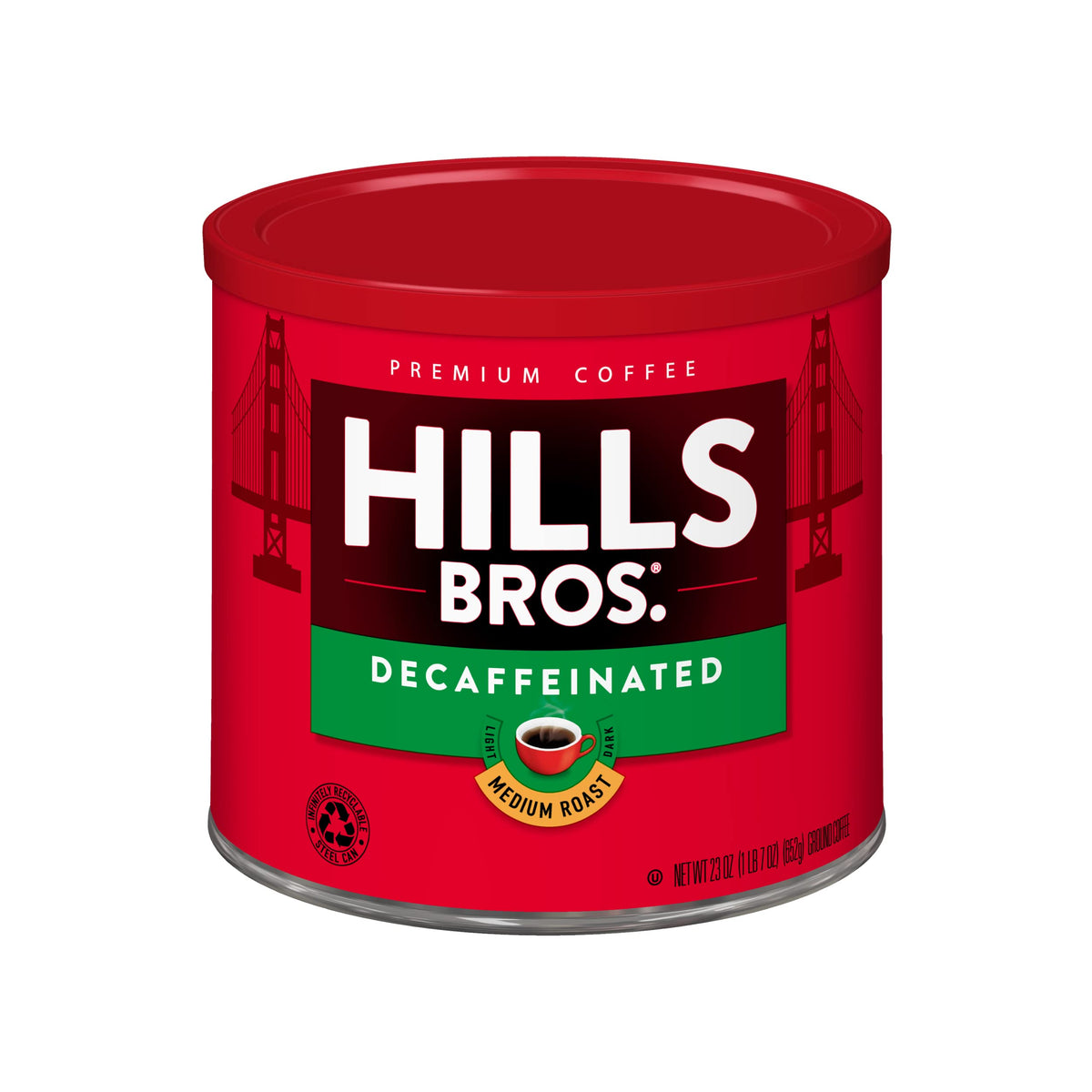Hills Bros front can showing label and recyclable steel packaging benefit