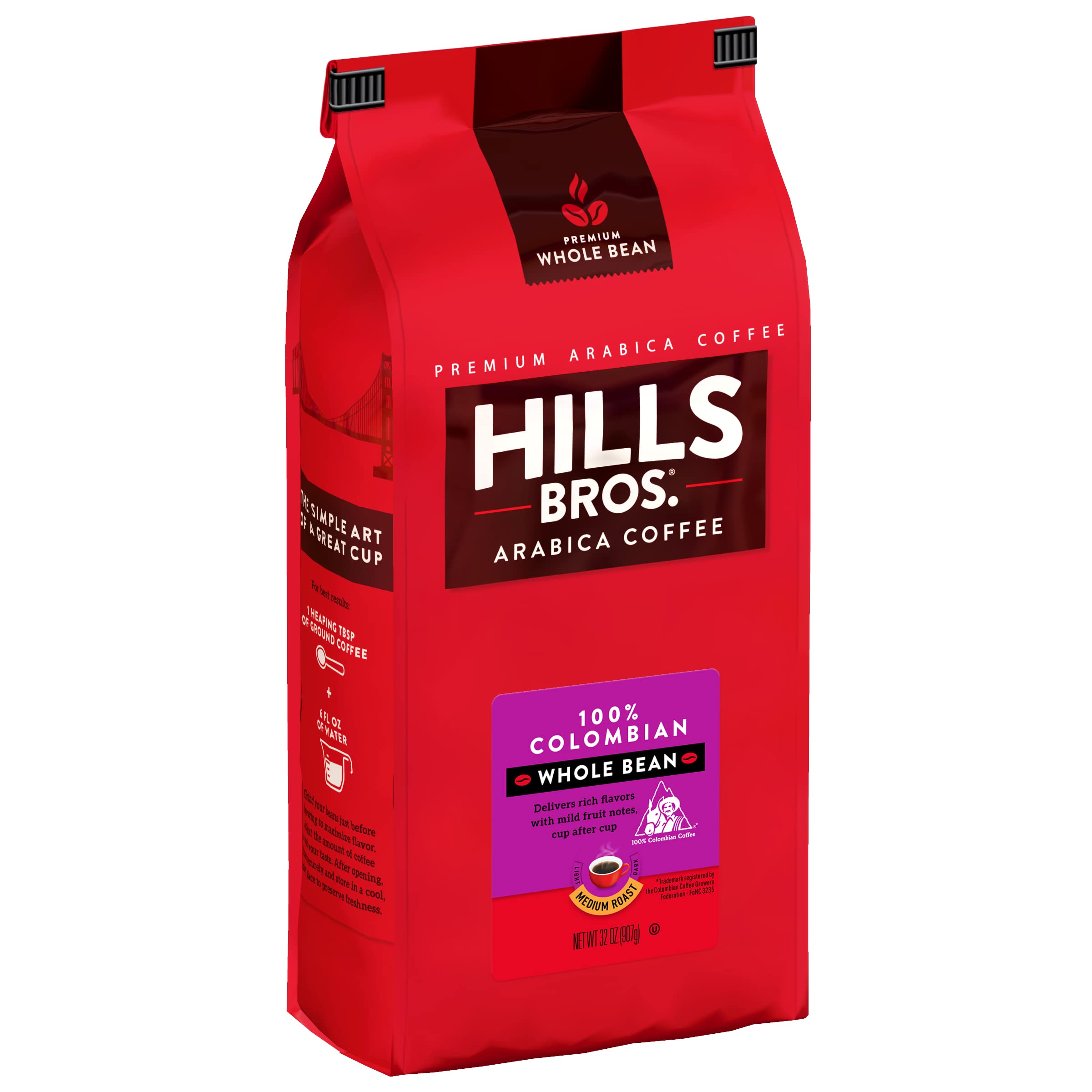 Hills Bros front packaging showing 32 oz bag and fresh branding benefit
