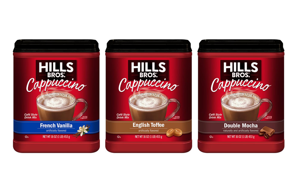 Hills Bros front packaging starter bundle showing three 16 oz jars and flavor variety