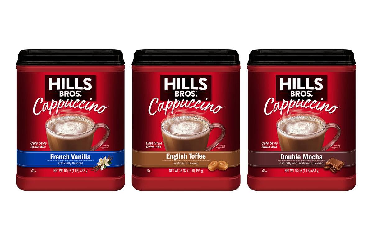 Hills Bros front packaging starter bundle showing three 16 oz jars and flavor variety