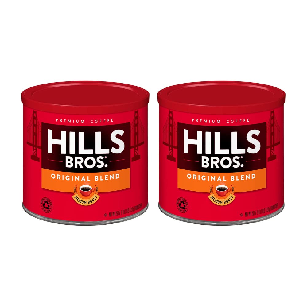 Hills Bros front can showing brand and medium roast, clear packaging benefit