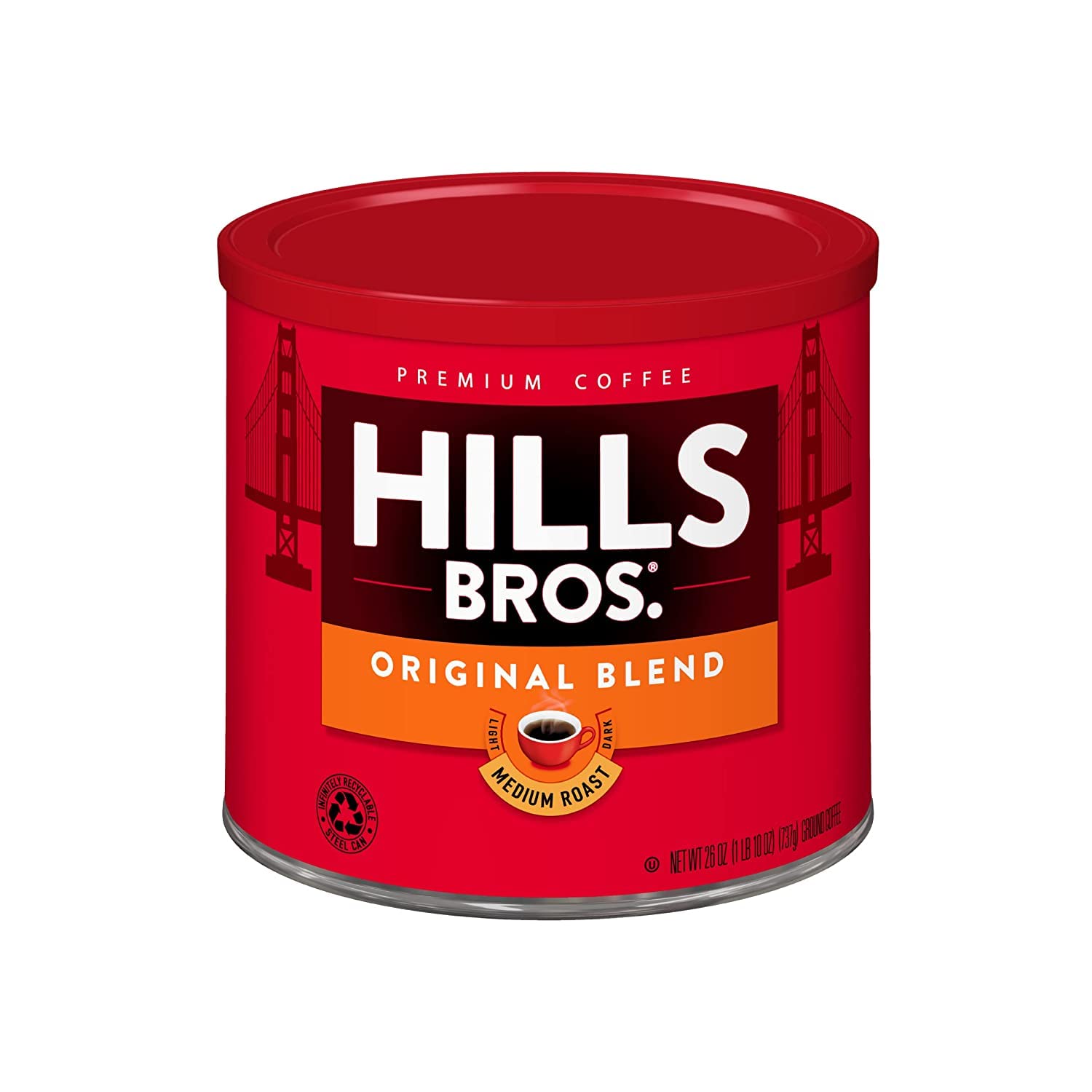 Hills Bros side-label close-up highlighting roast and net weight for clarity