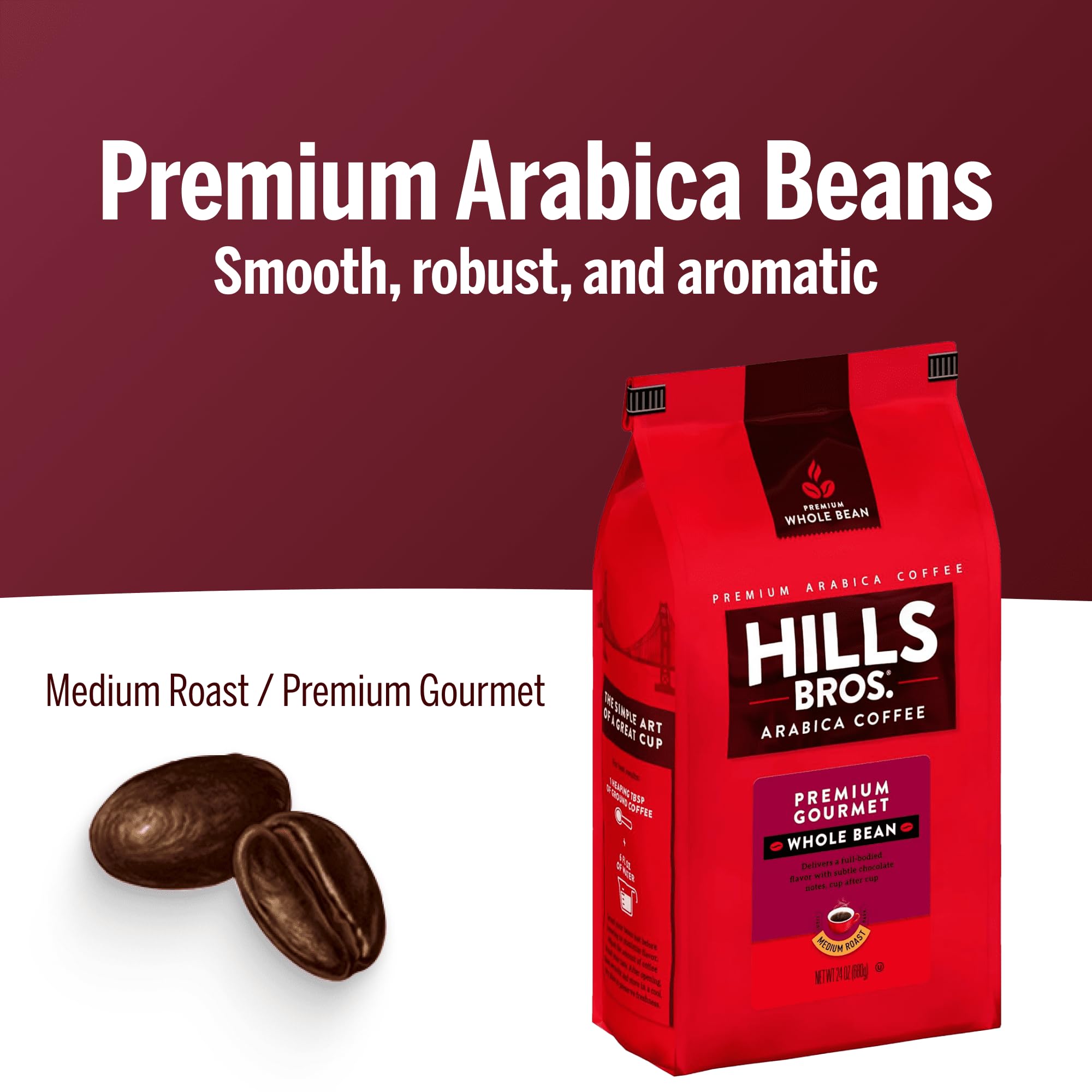 Hills Bros pouring whole beans from bag demonstrating easy use