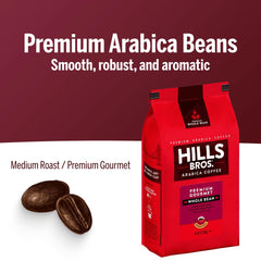 Hills Bros pouring whole beans from bag demonstrating easy use