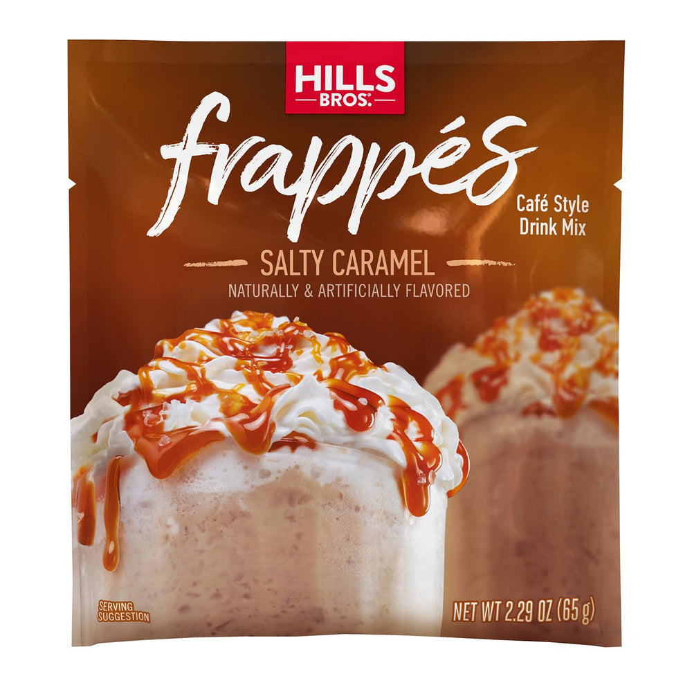 Hills Bros salted caramel front packet showing branding and flavor — quick café taste