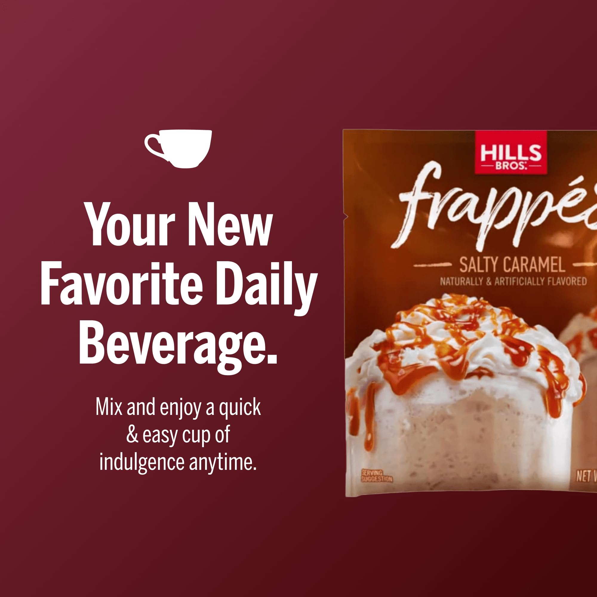 Hills Bros salted caramel being poured into hot milk to make a warm caramel drink — cozy convenience