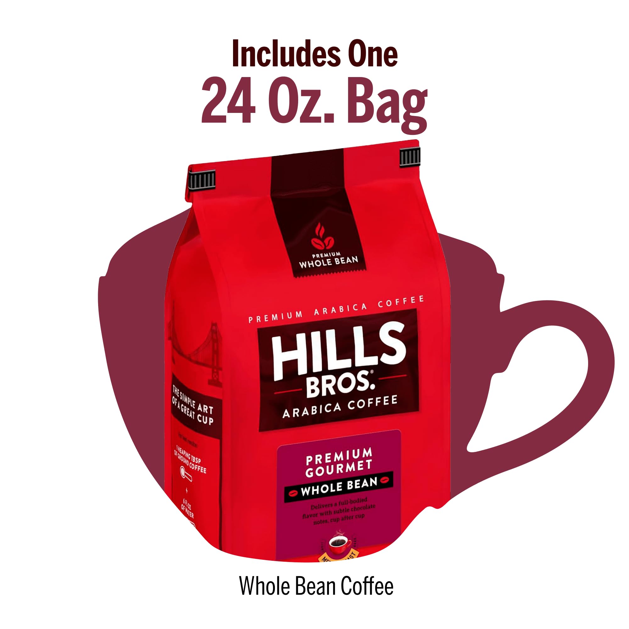 Hills Bros bag beside kitchen scale showing 24 oz portion size