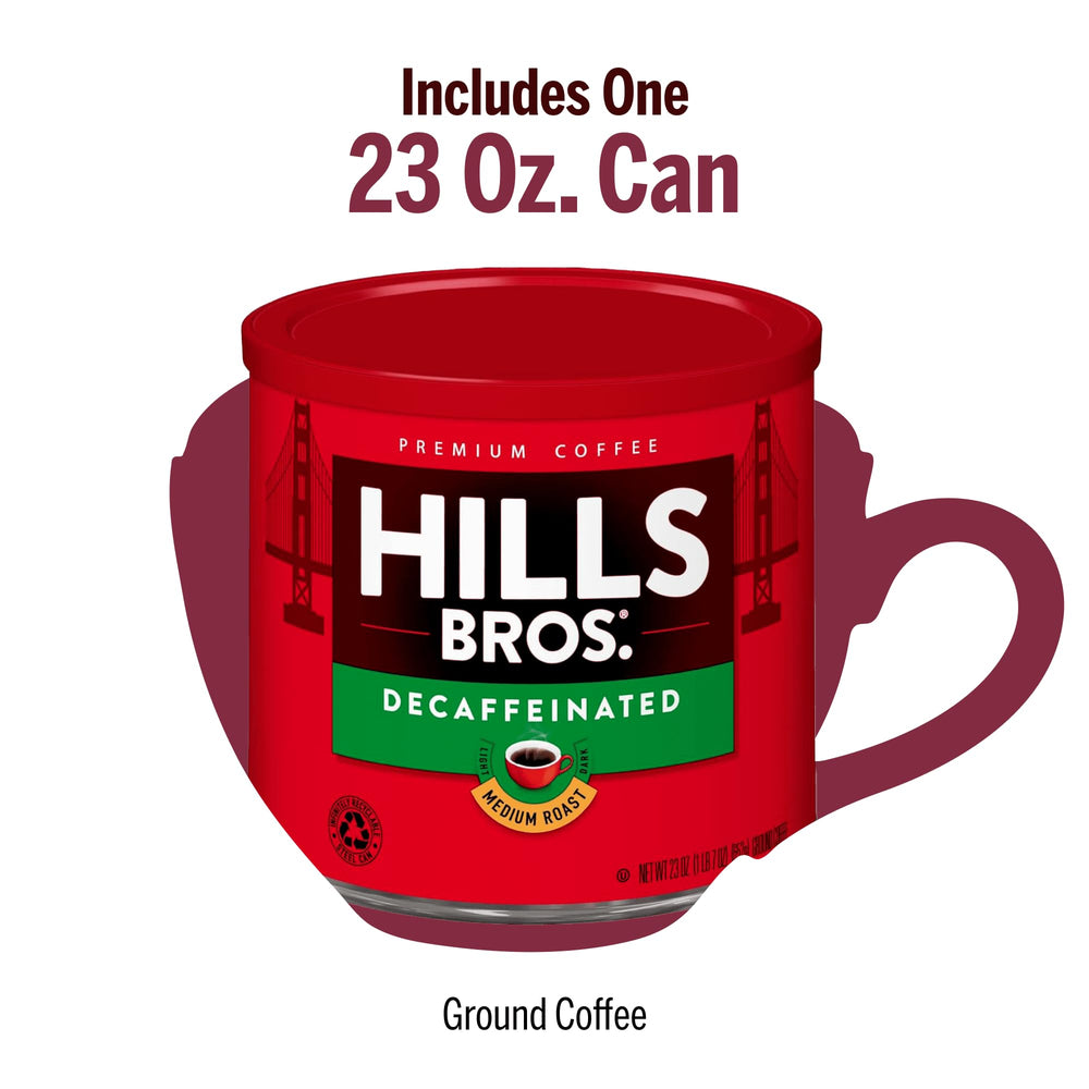 Hills Bros can next to a mug showing 23 oz scale and convenience benefit