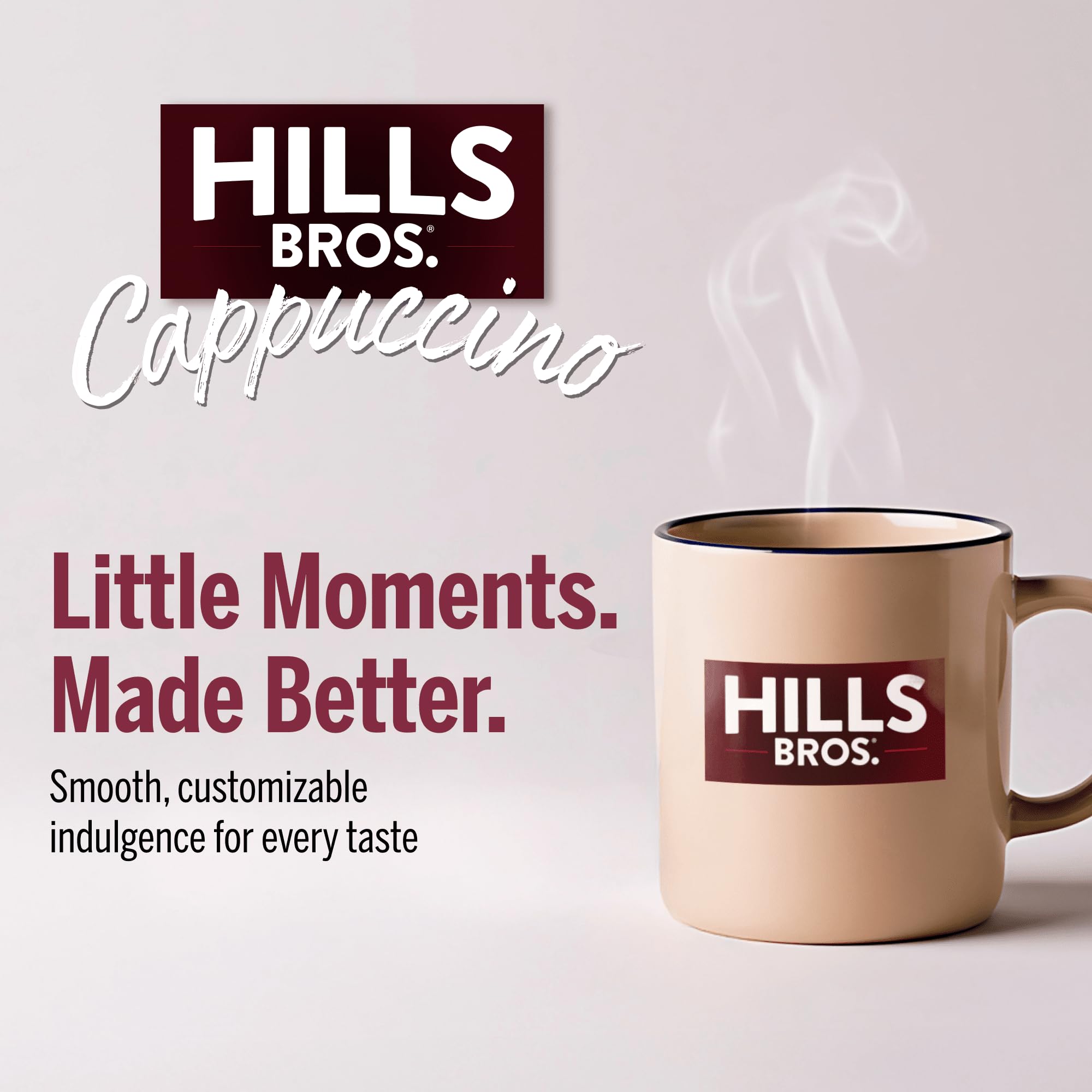 Hills Bros size comparison with 16 oz jar next to a mug demonstrating portion value