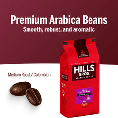 Hills Bros whole beans texture close-up showing fresh oils and aroma