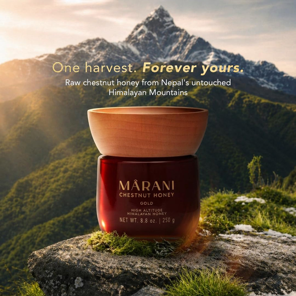 Himalayan Treasures spoon dripping chestnut honey highlighting thick texture