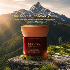 Himalayan Treasures spoon dripping chestnut honey highlighting thick texture