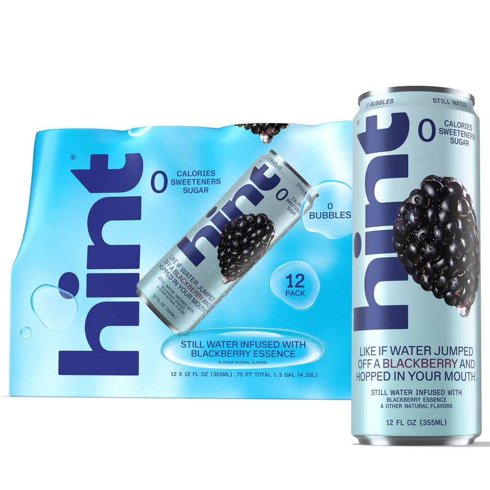 Hint can front packaging showing blackberry flavor and zero calories benefit