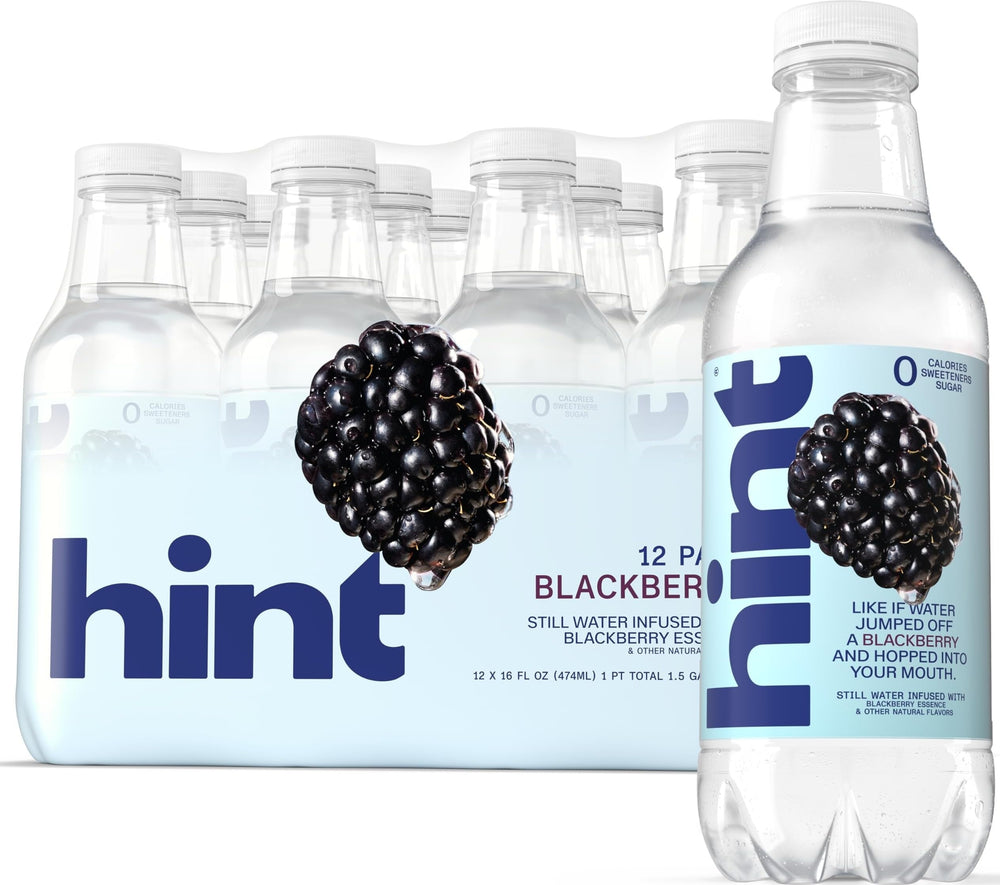 Hint blackberry front packaging showing 12 bottles and portable hydration benefit