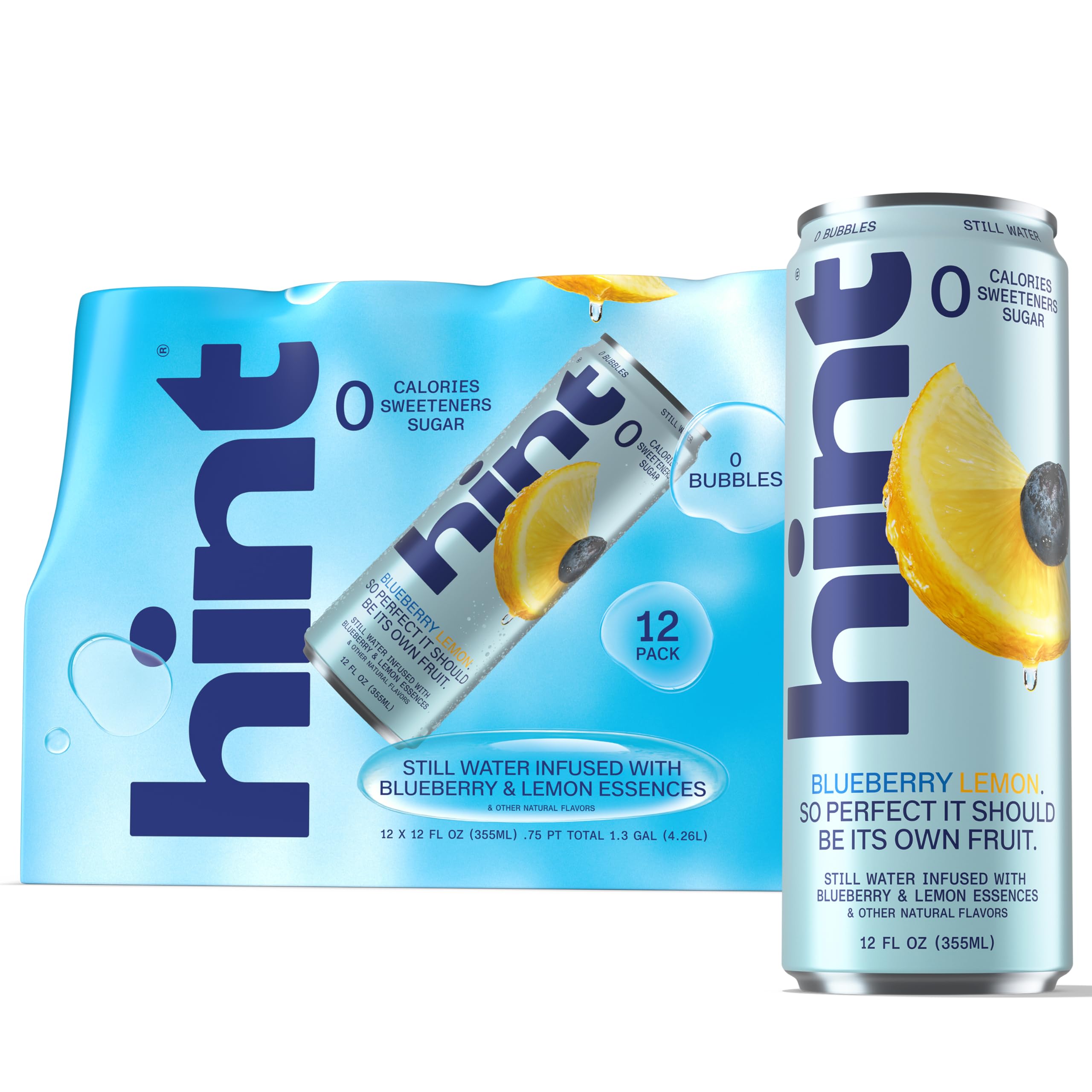 Hint can front packaging showing blueberry lemon flavor and calorie-free benefit