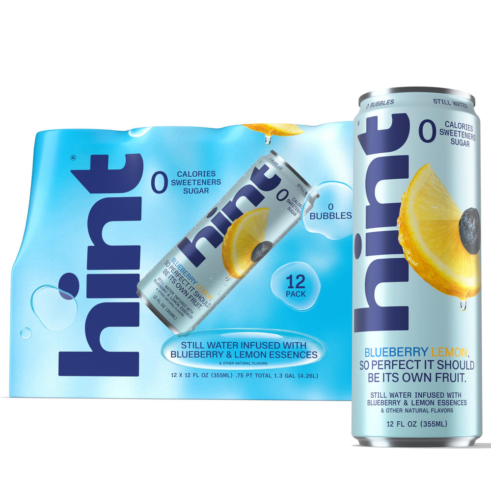 Hint can front packaging showing blueberry lemon flavor and calorie-free benefit