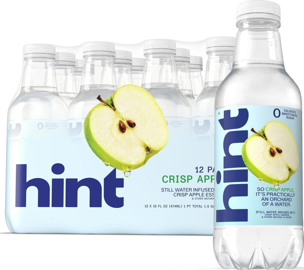 Hint bottle front packaging showing crisp apple flavor and zero calories benefit