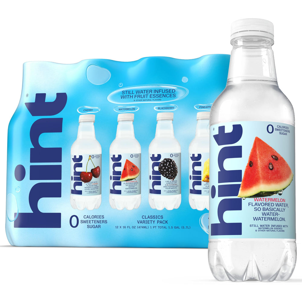 Hint front 12-pack showing brand and variety for convenient hydration