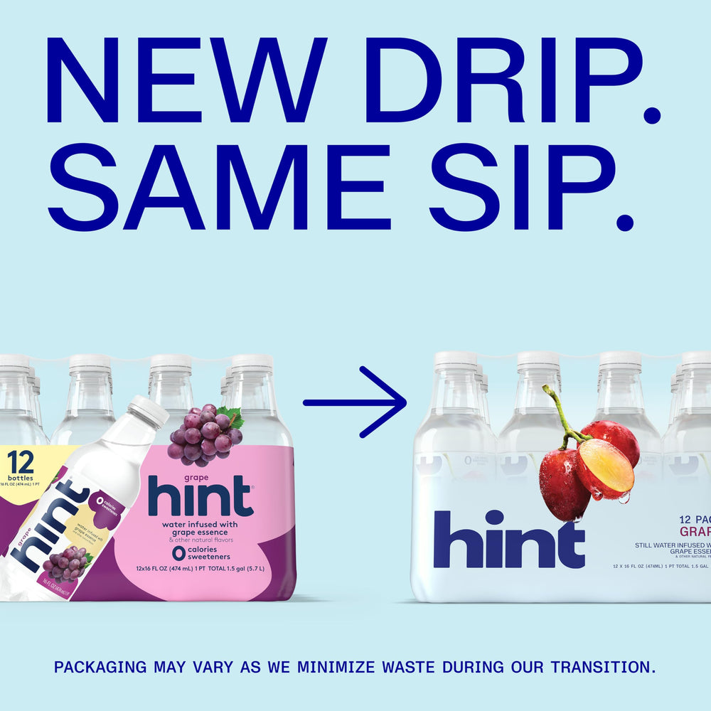 Hint grape bottle held in hand to show size and portability by Hint