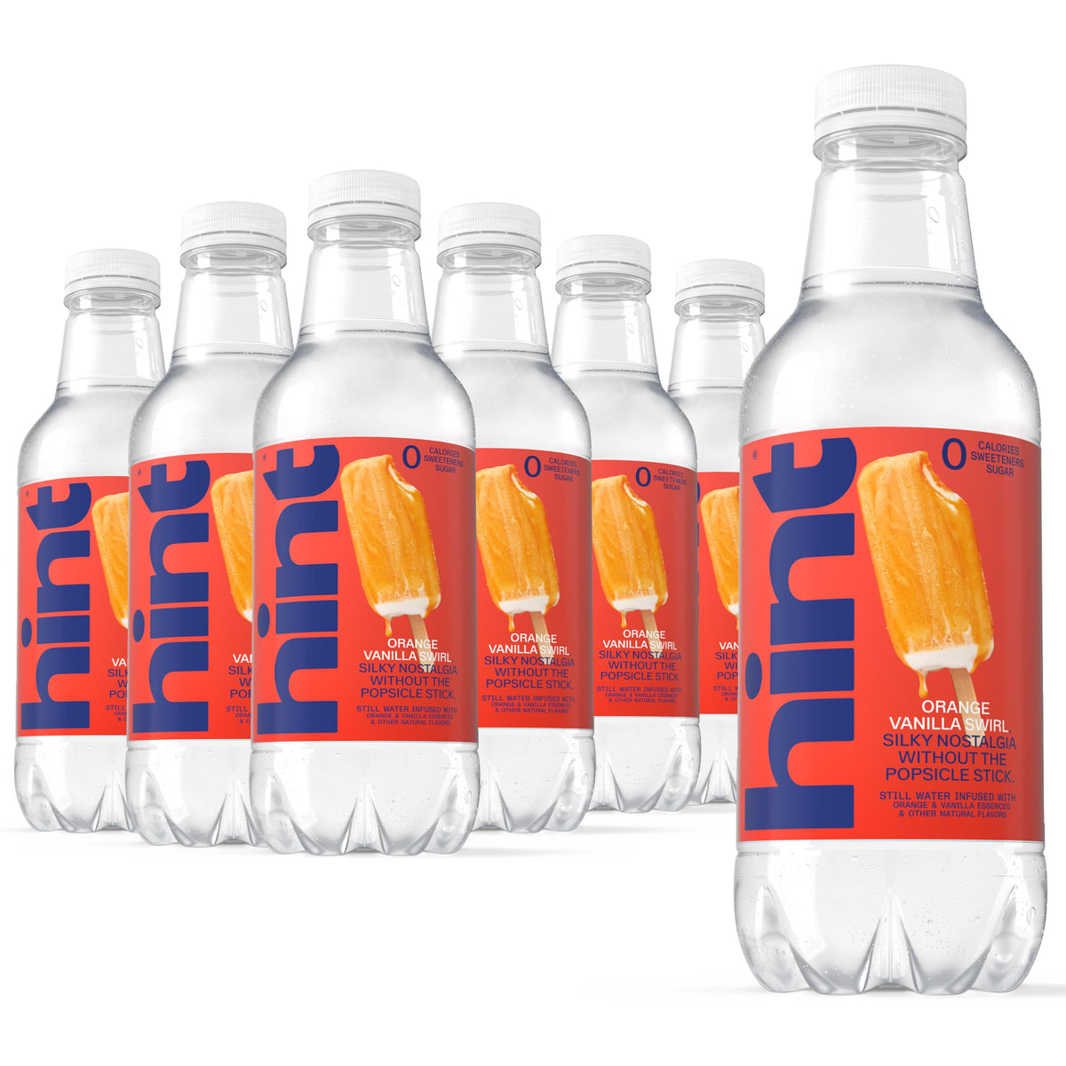 Hint bottle front packaging showing orange vanilla swirl flavor and clean label benefit