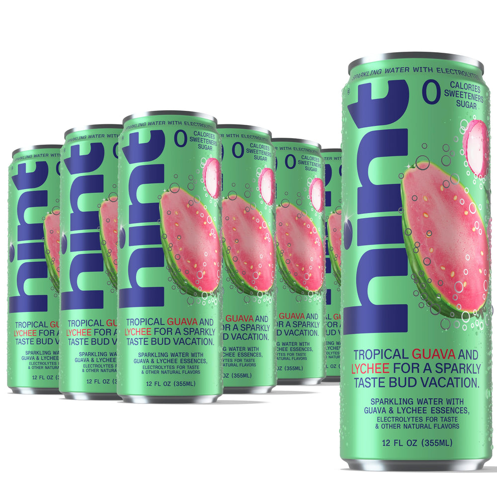 Hint guava lychee 12-pack front view showing sleek cans and tropical flavor benefit