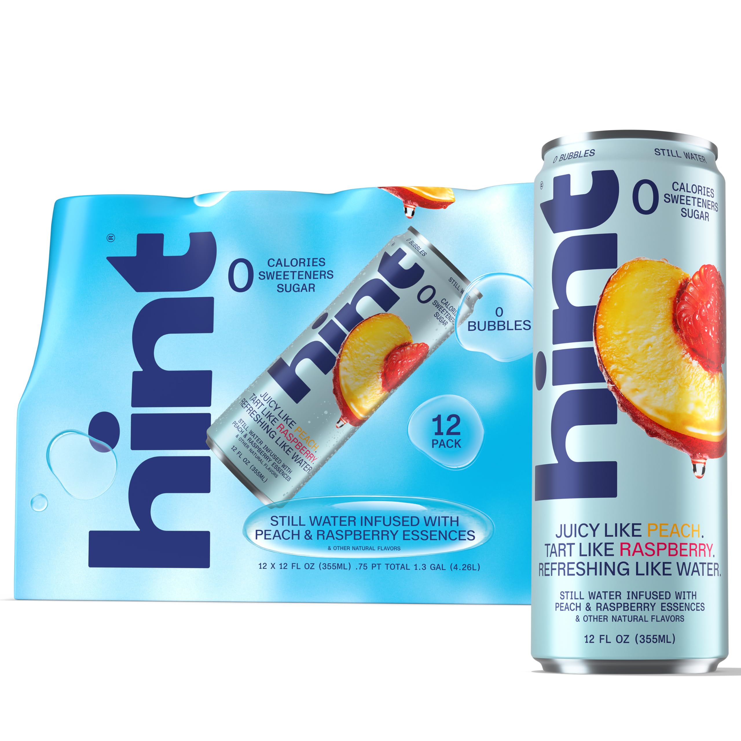Hint peach raspberry front pack showing 12 cans and clear branding for convenience