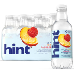 Hint Peach Raspberry front packaging showing 12 clear bottles for easy stocking