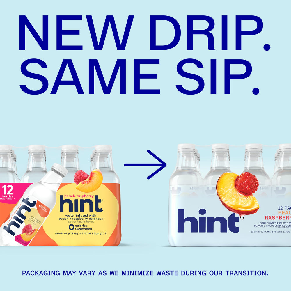 Close-up of Hint label highlighting peach and raspberry essences and clean ingredients