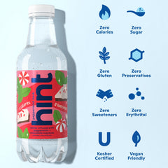 Hint bottle label close-up showing peppermint bark flavor and natural essences benefits