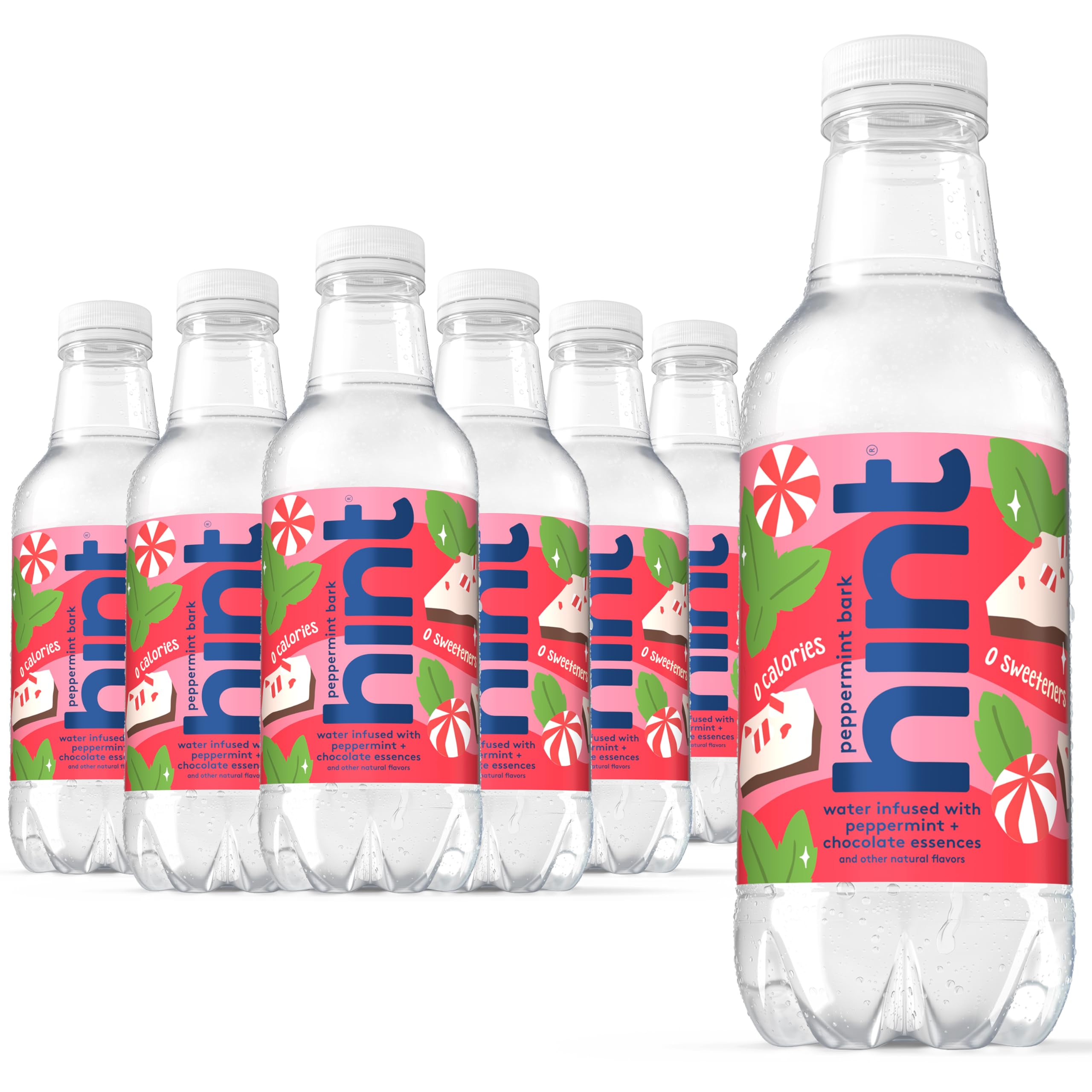 Hint front packaging of peppermint bark flavored water showing clean design and zero calories