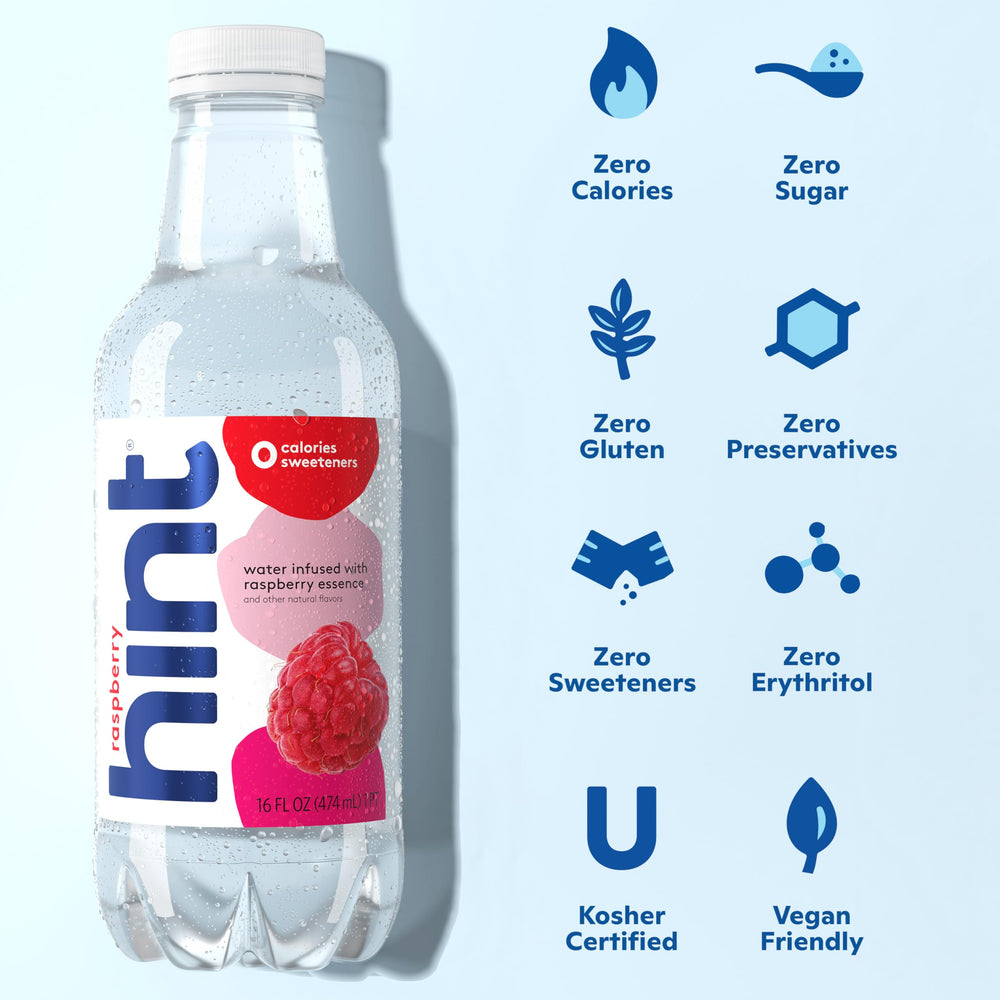 Hint bottle closeup of label and cap showcasing natural raspberry flavor clarity