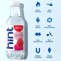 Hint bottle closeup of label and cap showcasing natural raspberry flavor clarity