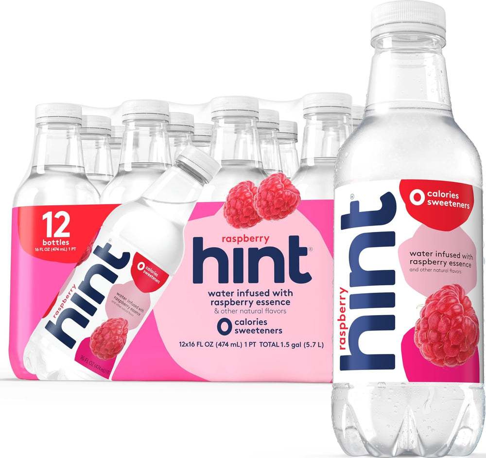 Hint raspberry front packaging showing 12-pack and branding, convenient storage benefit