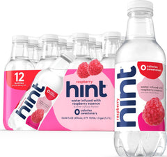 Hint raspberry front packaging showing 12-pack and branding, convenient storage benefit