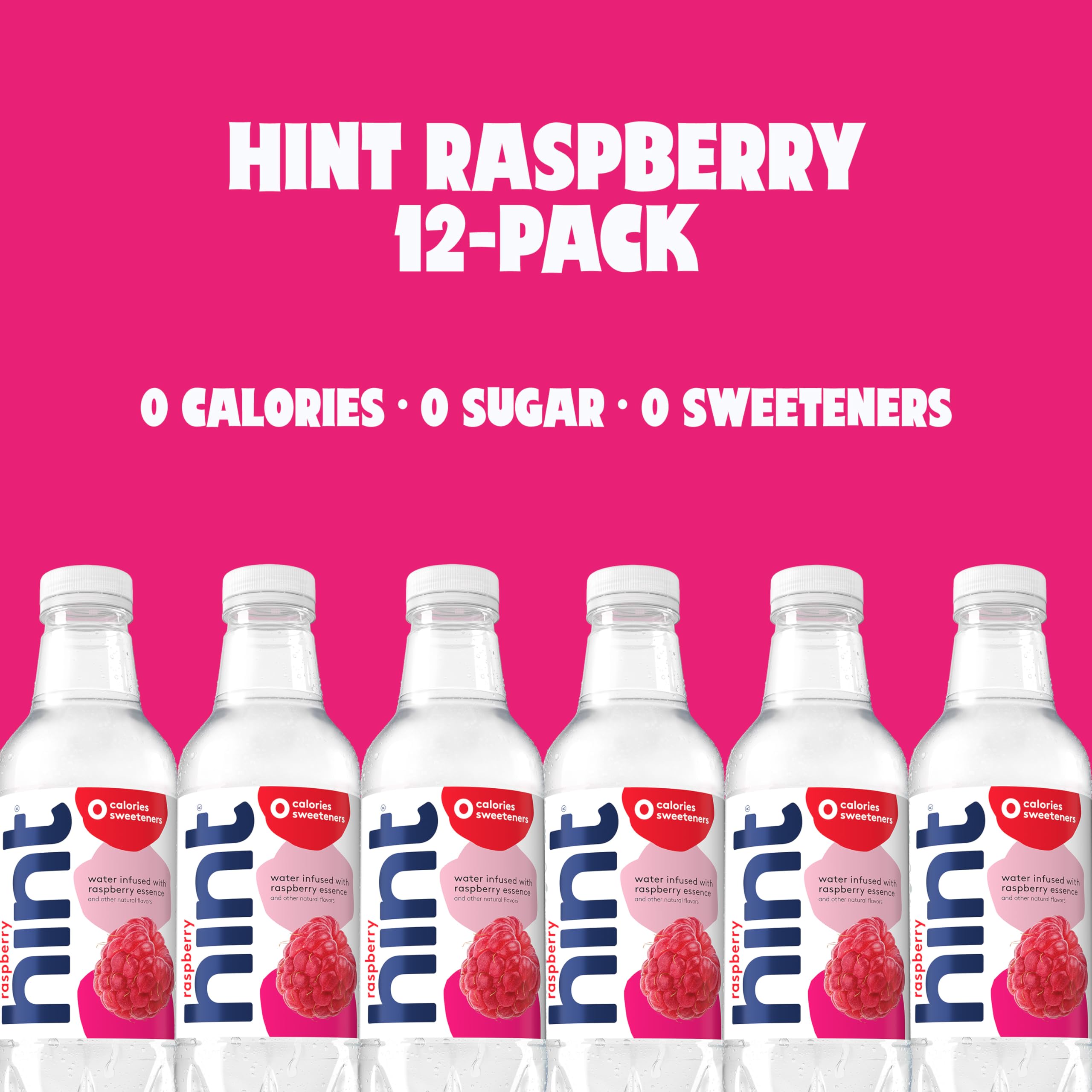 Glass poured from Hint raspberry bottle over ice showing refreshing chilled benefit