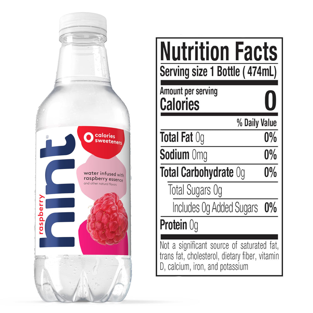 Nutrition and ingredient label on Hint raspberry bottle highlighting zero calories