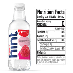Nutrition and ingredient label on Hint raspberry bottle highlighting zero calories