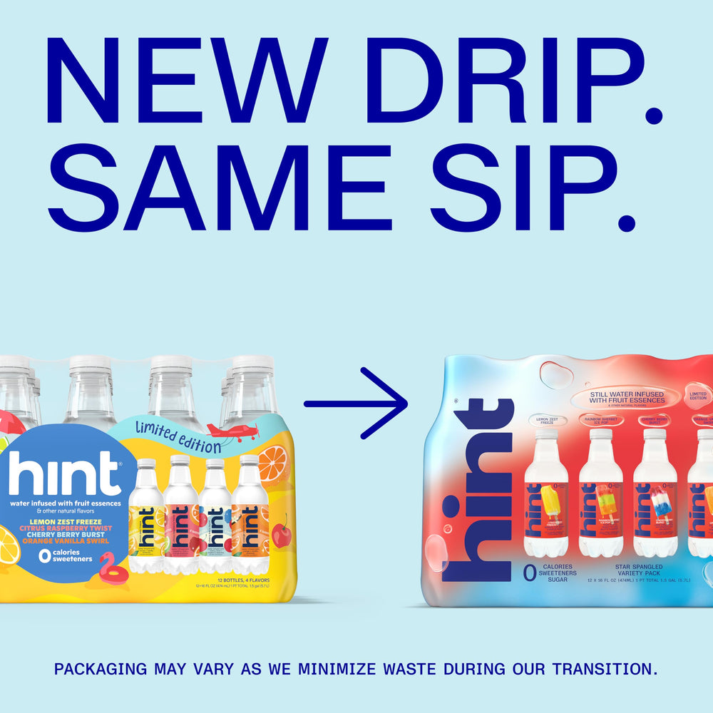 Hint single bottle close-up showing clear fruit essence and purity