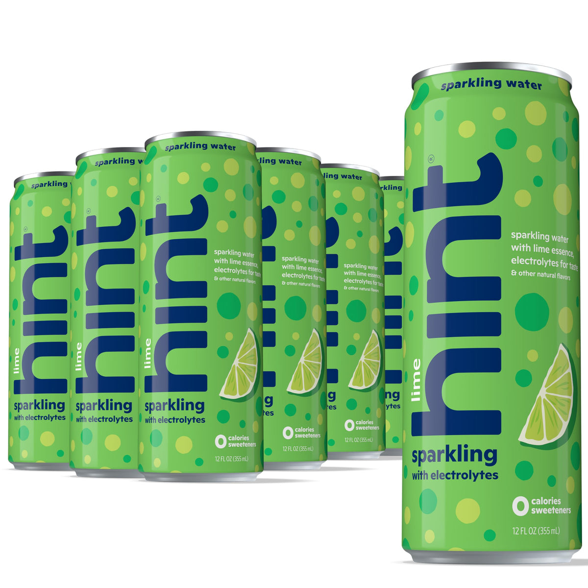 Hint sparkling lime front packaging showing twelve 12oz cans and bright branding benefit thirst satisfaction