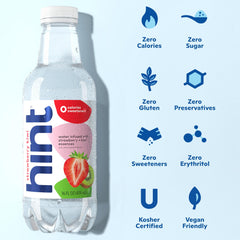 Hint strawberry kiwi bottle closeup highlighting clear water and natural fruit essence benefit