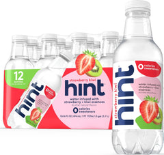 Hint strawberry kiwi front packaging showing 12-bottle case and convenient stock-up benefit